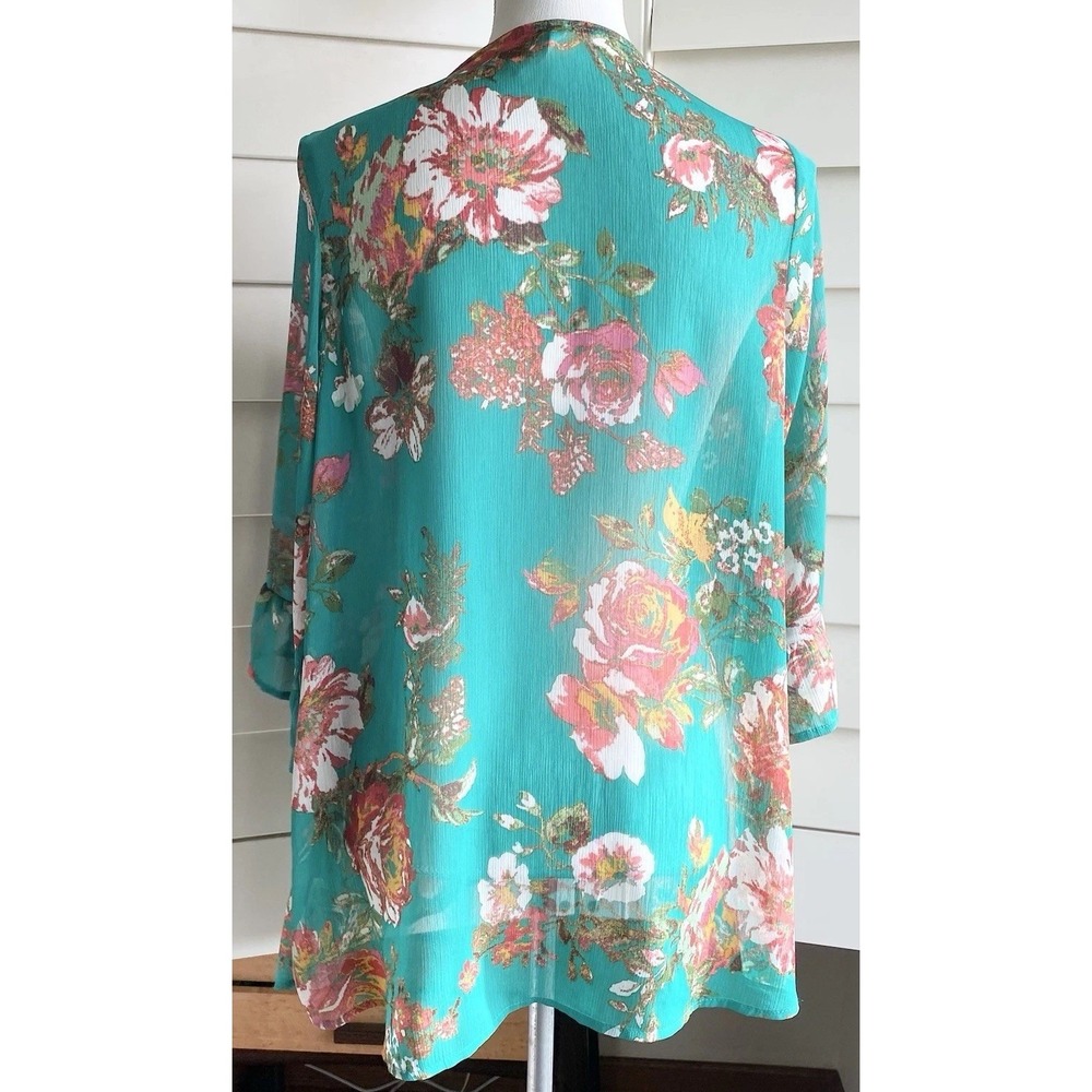 Boho Sheer Floral Kimono XS Tropical Green Open Front Beach Cover Up Lightweight - Picture 4 of 9